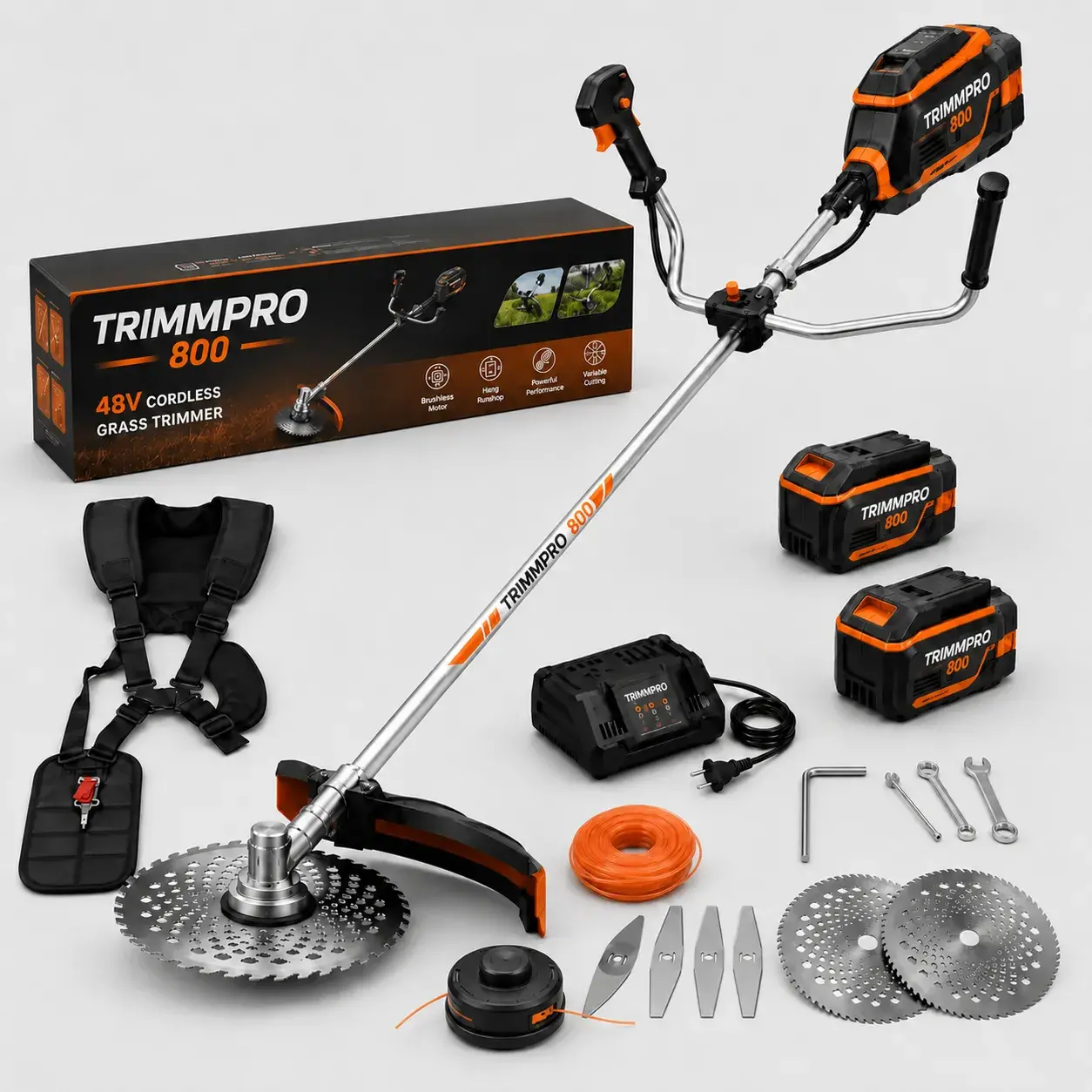 Desbrozadora TRIMMPRO 800 con dos baterías de 48 V y 3 cabezales intercambiables